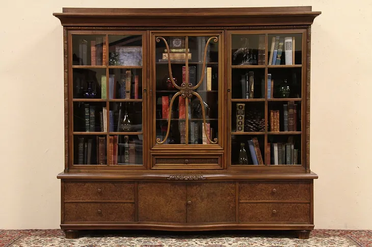 Triple Carved Antique Bookcase, Glass Doors