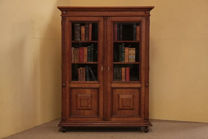 Victorian Oak Bookcase, Beveled Glass Doors