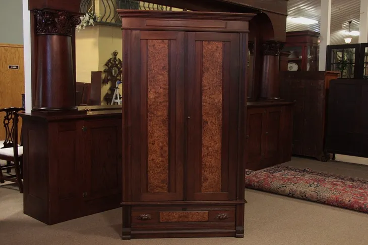 Victorian Eastlake Walnut & Burl Armoire or Cabinet