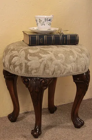 Round Antique Stool, Carved Walnut