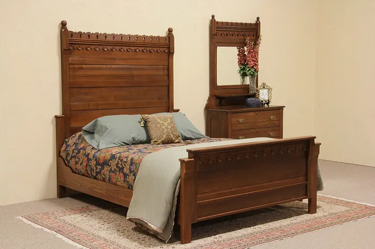 Eastlake 1880 Antique Oak Queen Size Bedroom Set