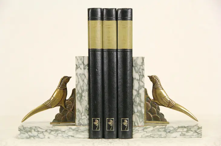 Pair of Louvre Museum 1920's Art Deco Marble Bookends with Bronze Birds