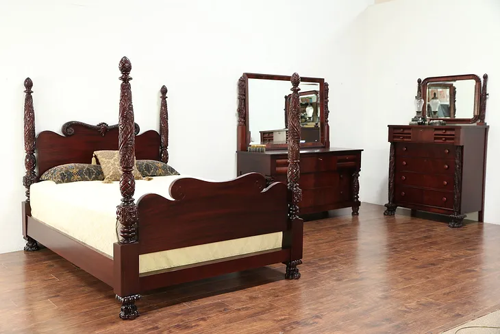 Empire Antique Acanthus Carved Mahogany Queen Size 3 Pc Bedroom Set #29965