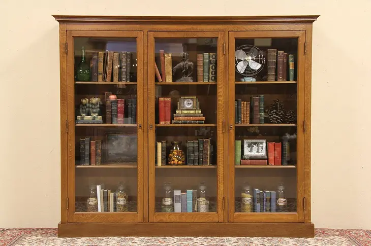 Triple 1900 Antique Oak Library Bookcase, Glass Doors