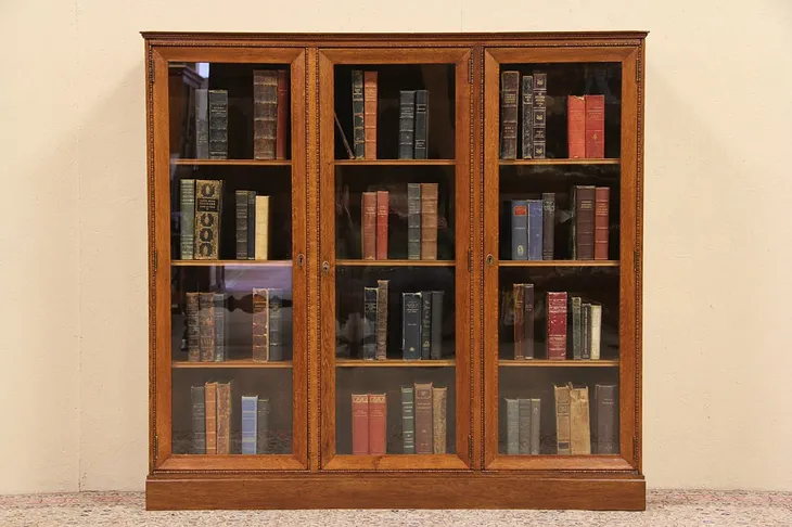 Triple Oak 1900 Antique Bookcase, Glass Doors