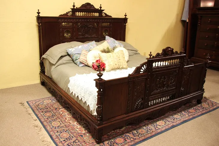 Brittany Antique King Size Bed with Carved Scenes