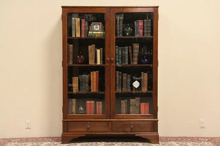 Walnut Bookcase, Beveled Glass Doors, Two Drawers - Antique