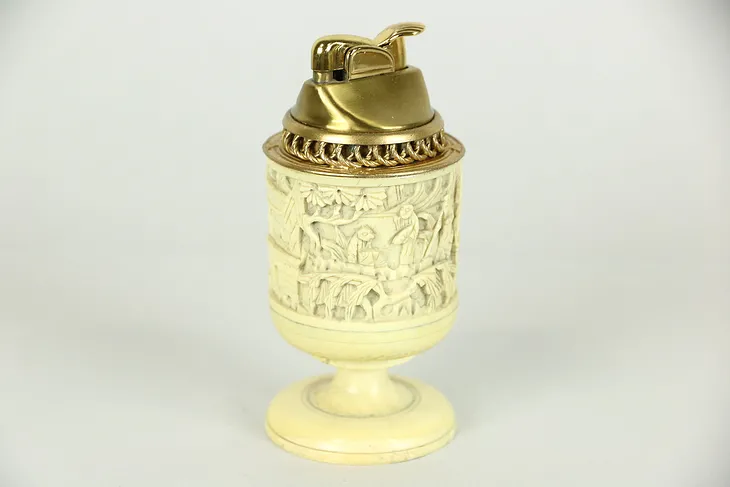 Cigarette Lighter, Tabletop Hand Carved Bone, Brass Lighter Signed Evans