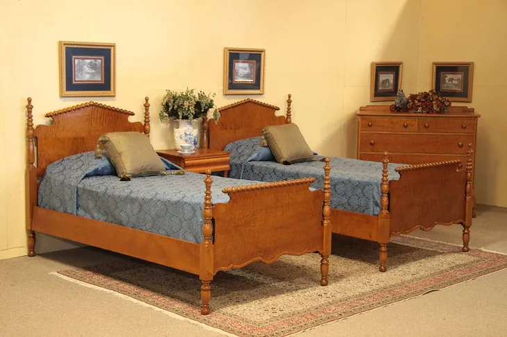 Pair Antique Tiger Maple Twin Single Beds