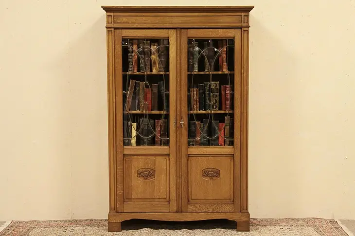 Oak Bookcase, Leaded Beveled Glass Doors