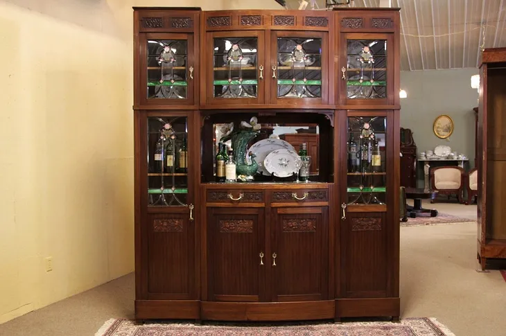 Art Deco Back Bar or Display Cabinet, Leaded Glass