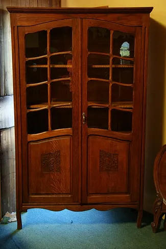 Oak Bookcase with Glass Doors 1900's