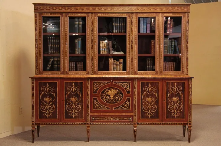 Marquetry Bookcase or China Cabinet & Bar