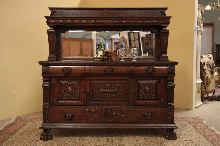 Victorian Oak Sideboard Buffet, Lion Heads & Paws