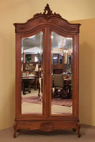Carved Country French Armoire, Beveled Mirrors