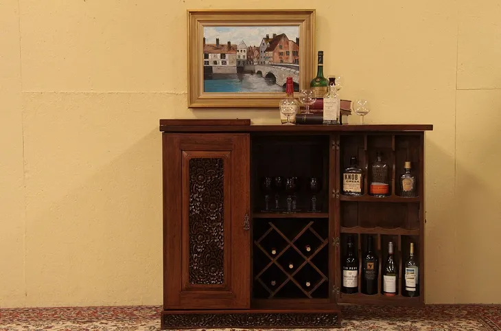 Hand Carved Teak Bar Cabinet, Flip Open