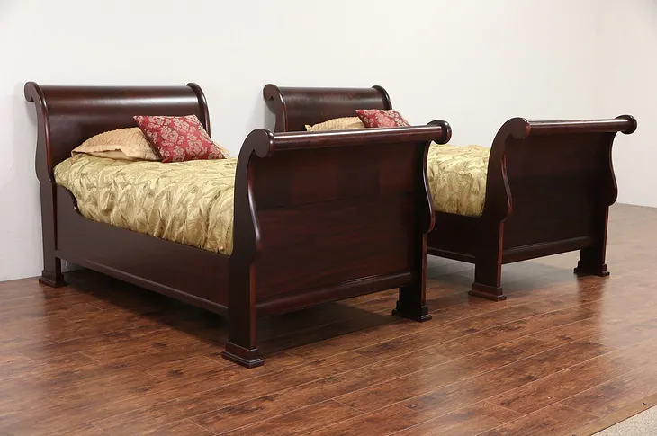 Pair of 1910 Antique Twin Size Flame Mahogany Sleigh Beds