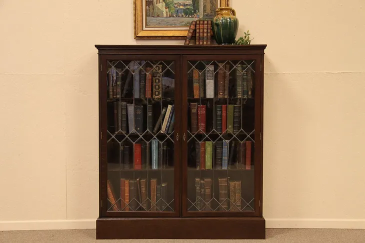 Oak Antique Bookcase, Leaded Glass Doors