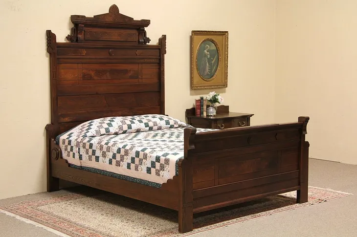 Eastlake Carved Oak Queen Size Antique Bed