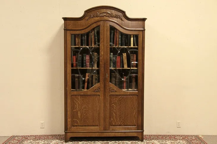 Carved Oak 1895 Bookcase, Beveled Glass Doors