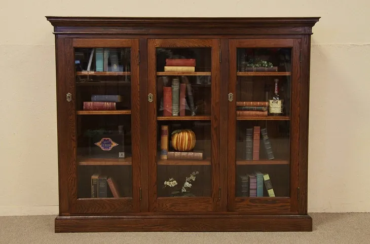 Oak Triple Antique Bookcase, Glass Doors