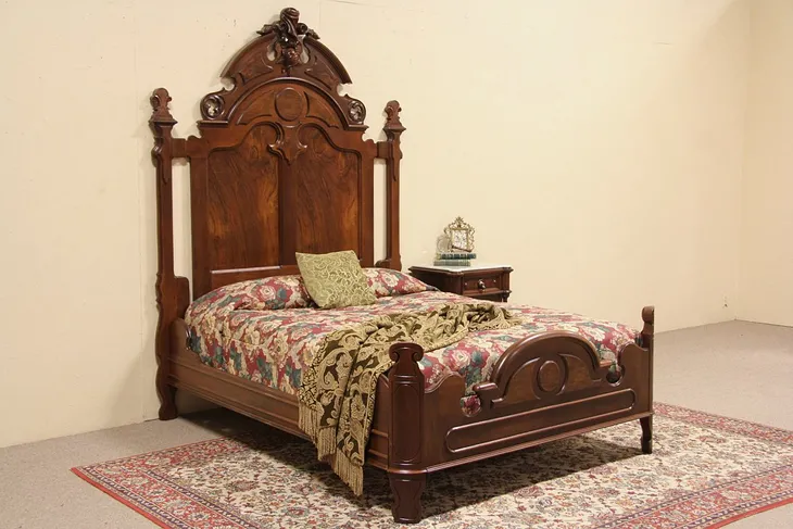 Victorian Walnut Antique 1860's Queen Size Bed, Hand Carved Crest