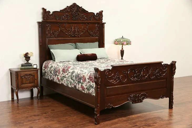 Victorian Carved Oak Queen Size 1900 Antique Bed