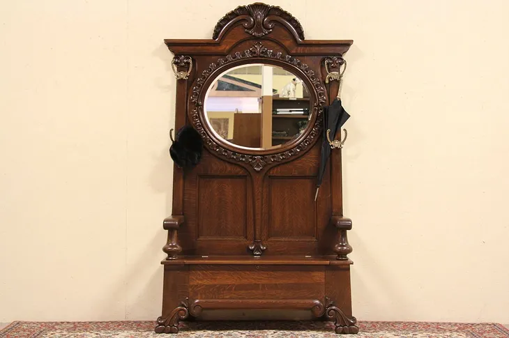 Carved Oak Antique 1895 Hall Bench & Stand, Oval Beveled Mirror (1)