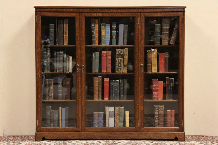 Triple Oak 1900 Bookcase, Original Wavy Glass Doors