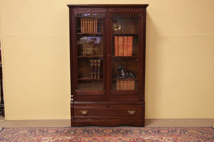 Victorian Eastlake Oak Bookcase, Wavy Glass