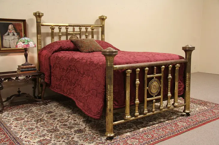 Brass Bed, 1911 Antique Full Size, Glass Mosaics