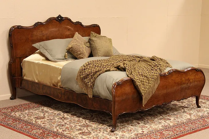 Bombe Burl Carved Antique Queen Size Bed