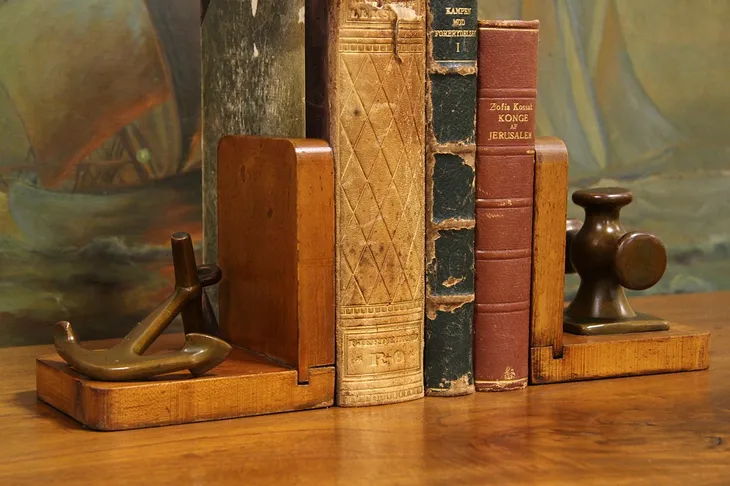 Pair Nautical Bronze Anchor & Maple 1920 Bookends