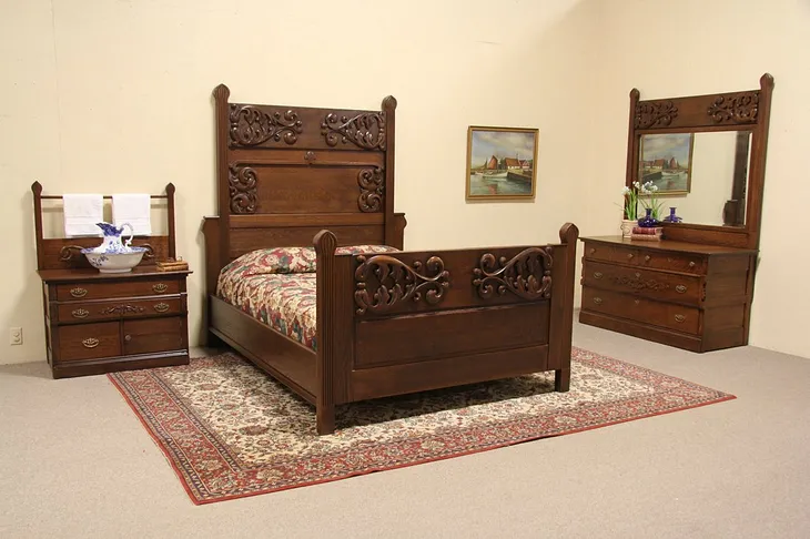 Oak Antique 1890 Queen Size 3 Pc. Carved Bedroom Set