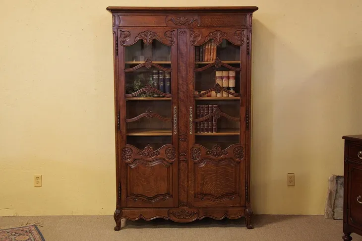 Antique Country French Carved Oak Bookcase, 1910