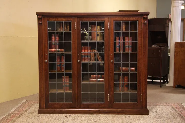 Triple Antique Bookcase, Leaded Glass Doors