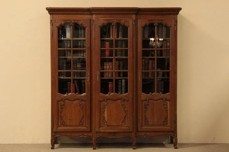 Country French Antique Carved Oak Triple Bookcase (1)