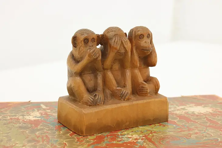 Three Wise Monkeys Vintage Hand Carved Wood Sculpture #48872