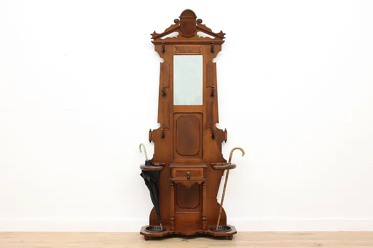 Victorian Antique Carved Walnut Hall Tree or Stand, Mirror #49325