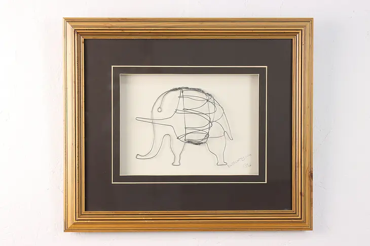 Framed 3D Elephant Wire Art, Signed 18.5