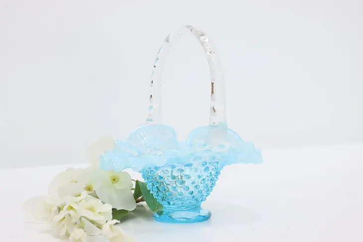 Blue Opalescent Vintage Hobnail Glass Miniature Basket #50724