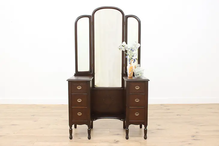 Tudor Design Antique Vanity or Dressing Table, Triple Mirror #49971