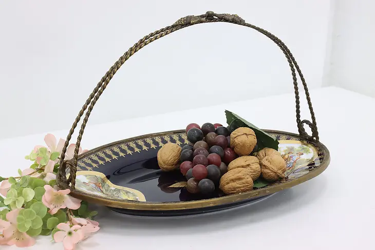 Victorian Antique Painted Porcelain & Brass Platter or Tray #48985