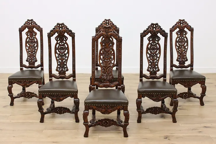 Set 6 Antique Renaissance Carved Oak & Leather Dining Chairs #50260