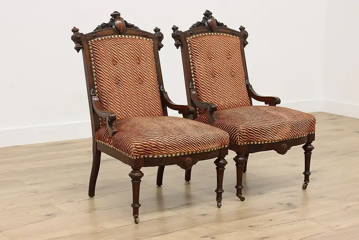 Pair of Victorian Carved Rosewood & Inlay Antique Chairs #50800