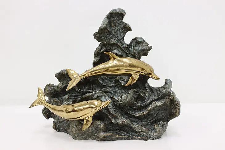 Bronze Vintage Swimming Dolphins Patinated Sculpture Morales #50553
