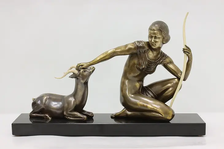 Art Deco Antique Bronze Finish Hunter & Deer Sculpture Kowas #48680