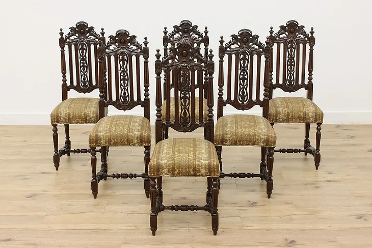 Set of 6 Antique Renaissance Design Chairs, Carved Lions #50589