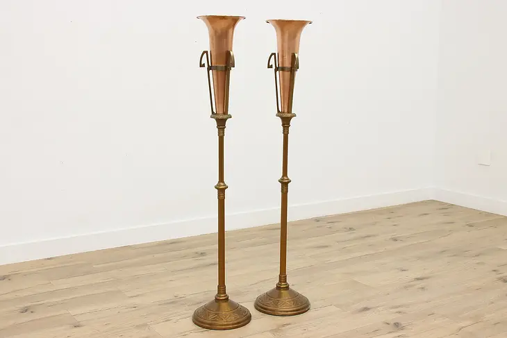 Pair of Art Deco Antique Bronze & Copper Torchiere Vases #48261