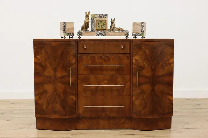Art Deco Antique Figured Walnut Bar Cabinet Buffet TV Stand #50878